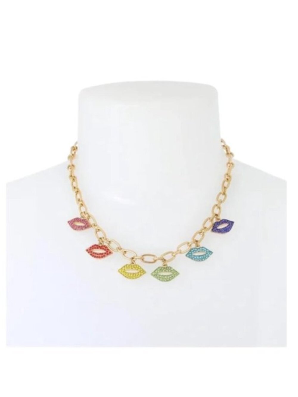 Betsey Johnson Lips Charm Necklace Gold Multi Color NEW NWT $58